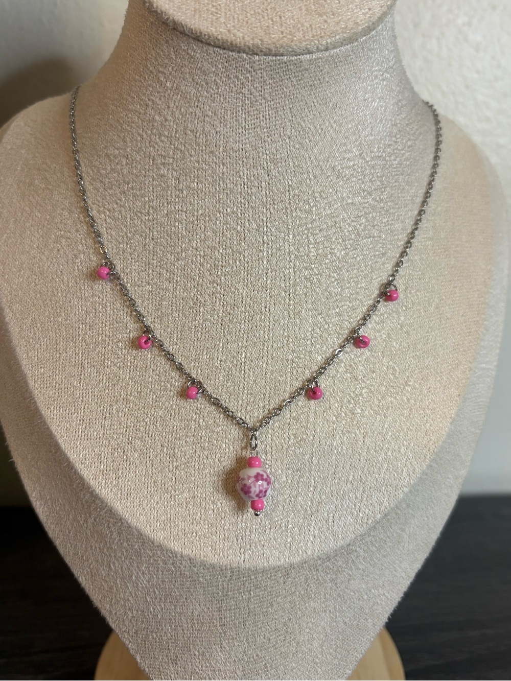 Handmade Pink Floral Porcelain Charm Necklace | Waterproof & Tarnish Resistant